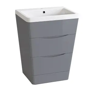 Rinse Bathrooms 600mm Gloss Grey Floor Standing 2 Drawer Vanity Unit Basin Bathroom Storage Furniture