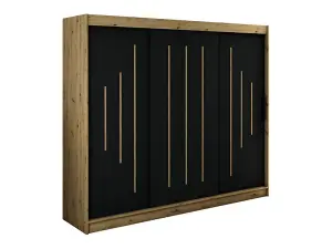 Leto Y Contemporary 3 Sliding Door Wardrobe 9 Shelves 2 Rails Black Matt and Oak Effect (H)2000mm (W)2500mm (D)620mm