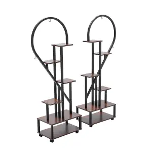 2 Pcs 6-Tier Brown Rustic Half Heart Shaped Plant Stand Display Shelf with 4 Casters 109cm (H)