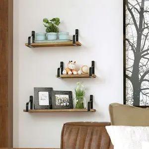 3Pcs Rustic Floating Storage Shelves Metal Wood Wall Shelf Set Display Rack Brackets