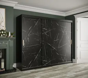 Expansive Black Geneva T Sliding Door Wardrobe W2500mm H2000mm D620mm - Sleek Design, Gold Handles, Ample Storage