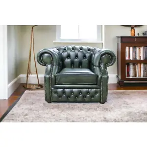 Chesterfield Club Chair Antique Green Real Leather In Buckingham Style