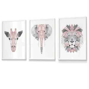 Set of 3 Geometric Pink Grey Jungle Animal Heads Wall Art Prints / 30x42cm (A3) / White Frame