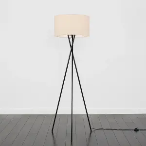 ValueLights Camden Modern Gloss Black Metal Tripod Floor Lamp with Beige Cylinder Shade - Includes 6w LED Bulb 3000K Warm White