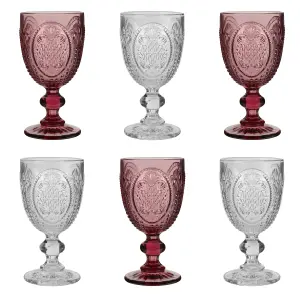 Set of 6 Vintage Luxury Pink & Clear Drinking Wine Glass Wine Goblets 310ml