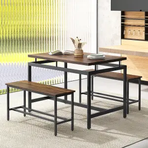 COSTWAY 3 PCS Kitchen Dining Table Set for 4 Wooden Kitchen Table W/ 2 Benches