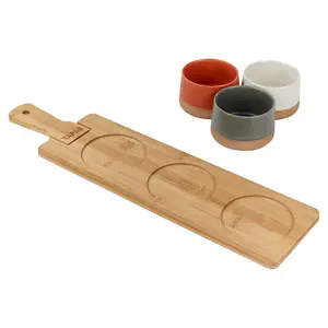 URBNLIVING 4 Pc Stoneware Serving Condiment Sets Snack Dishes Bamboo Paddle Platter