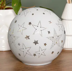 15cm Battery Operated Light up Star Glass Ball in White with Warm White LEDs