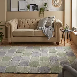 Modern Easy to Clean Chequered Geometric Green Rug for Dining Room-80cm X 150cm