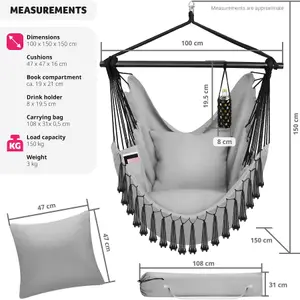 Hanging Chair Malika, Boho Style, Load Capacity 150kg - grey