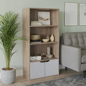 URBNLIVING Height 118Cm 4 Tier Wooden Bookcase Cupboard with Doors Storage Shelving Display Colour Oak Door Grey Cabinet Unit