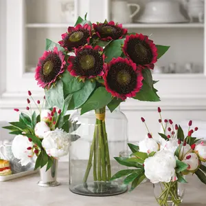 Bloom Artificial Red Sunflower Bouquet - Faux Fake Silk Flower Indoor Home Decoration Floral Arrangement - H55cm x W40cm