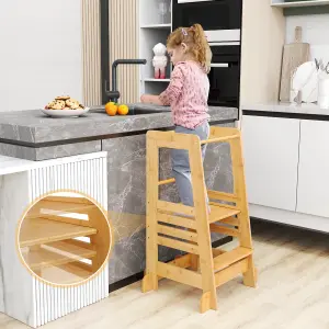 COSTWAY Kitchen Step Stool for Toddlers Bamboo Kids Standing Tower with Safety Rail