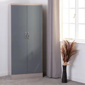 Nevada 2 Door All Hanging Wardrobe in Grey Gloss and Light Oak Effect Veneer