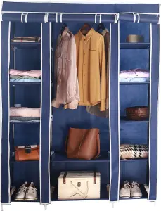 Fabric Canvas Wardrobe Organizers Clothes Rail Shelves Storage Closet Triple - Blue