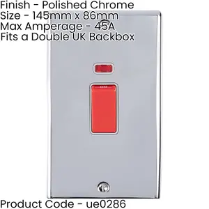 2 PACK 2 Gang Double 45A DP Switch Neon - POLISHED CHROME & GREY Vertical Rocker