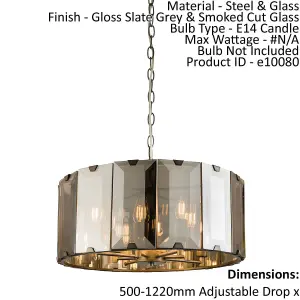 Ceiling Pendant Light Gloss Slate Grey & Smoked Cut Glass 8 x 40W E14