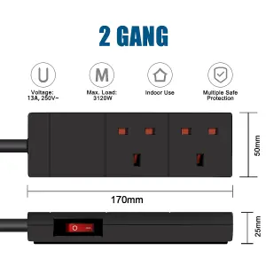 Extrastar 2 Gang Indicator Side Switched Extension Lead 2 M Black, 13A