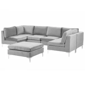 6 Seater U-Shaped Modular Velvet Sofa with Ottoman Grey EVJA