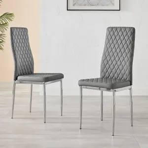 Set of 6 Milan Elephant Grey High Back Soft Touch Diamond Pattern Faux Leather Chromed Metal Leg Dining Chairs