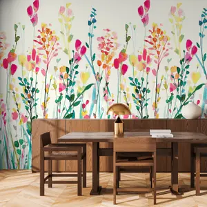 Watercolour Meadow Flowers 3 lane Repeatable Wallpaper Mural,  Pink & Green