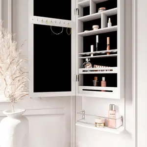 Crystal Wall Door Mounted Full Length Mirror Jewellery Cabinet with LED Lights & Hair Dryer Holder Makeup Storage White