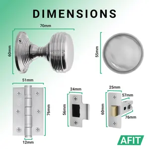 AFIT Lined Door Knob Set Satin Chrome - 2 Pairs of Mortice Knobs (55mm), Latch (76mm) & Hinges (76mm) for Internal Doors