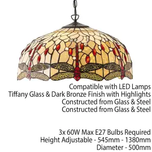 Tiffany Glass Hanging Ceiling Pendant Light Bronze Chain Dragonfly Shade i00104