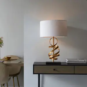 Hammered Gold Leaf Ribbon Table Lamp Light & Ivory Shade - Black Marble Base