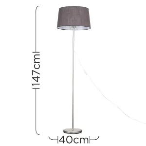 ValueLights Modern Floor Lamp In Brushed Chrome Metal Finish With Dark Grey Faux Linen  Shade