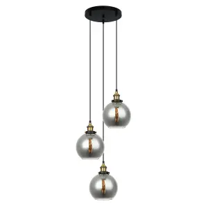 Luminosa Industrial And Retro Hanging Pendant Black, Gold 3 Light  with Smoky Shade, E27 Dimmable