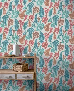 Arthouse Botanical Fern Teal/Red Wallpaper