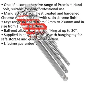 9 Piece Extra-Long Ball-End Hex Key Set - 92 - 230mm Length - 1.5 to 10mm Size