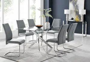 Furniturebox UK Leonardo Glass And Chrome Metal Dining Table And 6 Elephant Grey Lorenzo Leather Chairs