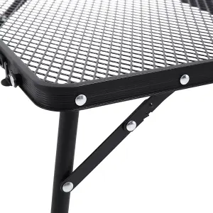 Black Aluminum Alloy Portable Outdoor Folding Camping Table with Mesh Top, Stability Brackets, and Storage Bag