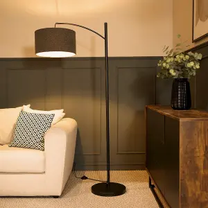 ValueLights Preto Black Metal Curve Stem Living Room Floor Lamp with a Charcoal Grey Boucle Shade