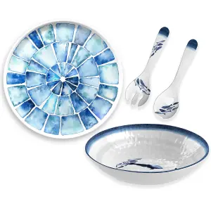 Purely Home Coastal Melamine Round Platter, Salad Bowl & Servers Set