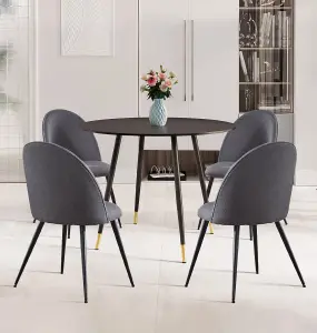 Hallowood Furniture Finley Small Round Dining Table in Black Finish with 4 Curved Back Grey Fabric Chairs