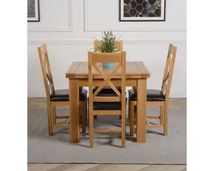 Richmond 90cm - 150cm Square Oak Extending Dining Table and 4 Chairs Dining Set with Berkeley Brown Leather Chairs