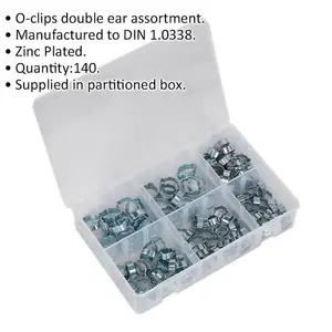 140 Piece Zinc Plated O-Clip Assortment - Double Ear Fasteners - Various Sizes