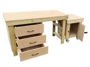 Wooden MDF top workbench with drawers and functional lockable cupboard (V.6) (H-90cm, D-70cm, L-180cm)