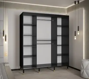 Bergen Contemporary 2 Sliding Door Wardrobe Gold Handles Marble Effect 9 Shelves 2 Rails Black (H)2080mm (W)1800mm (D)620mm