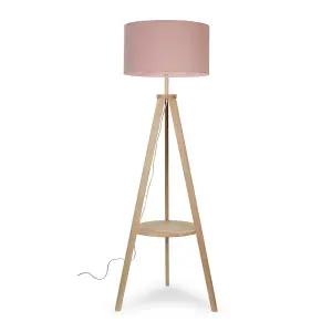 ValueLights Morrigan Light Wood Tripod Design Floor Lamp with Storage Shelf & Pink Drum Shade - Includes 6w LED Bulb 3000K