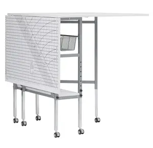 Adjustable Fabric Cutting Table with Grid & Storage Silver/White 149x91x77-100cm