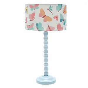 Powder Blue Bobbin Stem Table Lamp with Butterfly Drum Shade for Living Room Bedroom