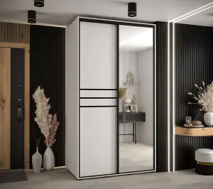 Cannes XI Mirrored Sliding Door Wardrobe W130cm - Bright White Storage for Contemporary Living