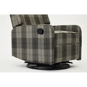 Charles Swivel Recliner Armchair Grey Tartan Wing Back Sofa With Adjustable Footrest