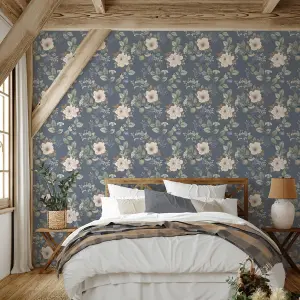 Belgravia Bramble Floral Blue Wallpaper Birds Leaves Flowers Feature Wall