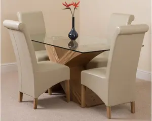 Valencia 160 cm x 90 cm Glass Dining Table and 4 Chairs Dining Set with Montana Ivory Leather Chairs