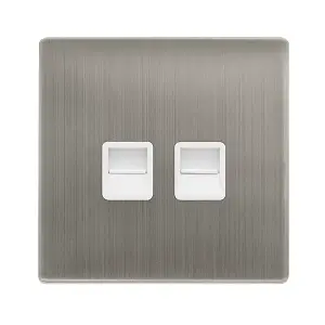 Stainless Steel Screwless Plate Master Telephone Twin Socket - White Trim - SE Home